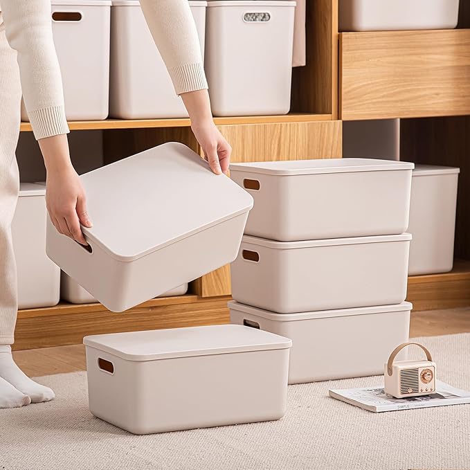 Plastic Storage Bins with Lid White Stackable Storage Basket Organizer Box Sturdy Containers Organizing Lidded Bins for Shelves Cabinet Desk Pantry Bedroom Book Toys (gray 6L+2M)
