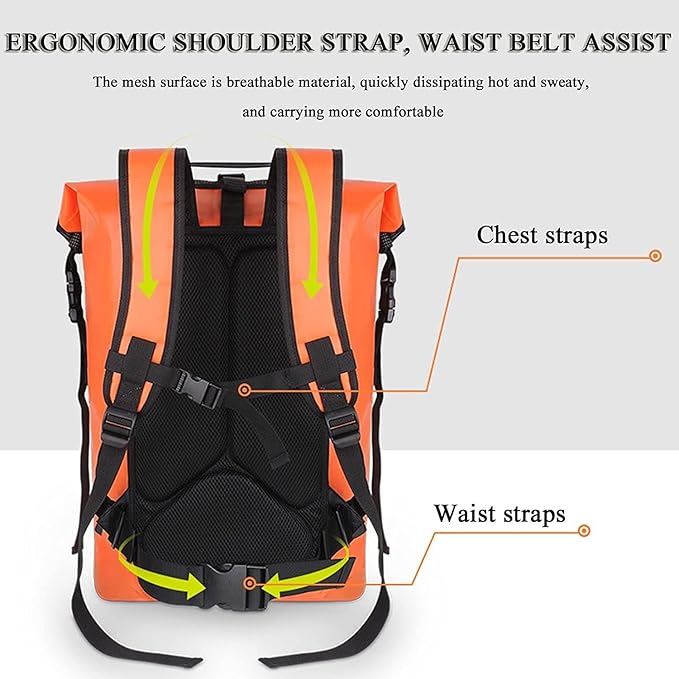 Waterproof Dry Bag Kayaking Backpack 25L Kayak Roll Top Drybags with Splash-Proof Zippered Pocket for Boating Camping