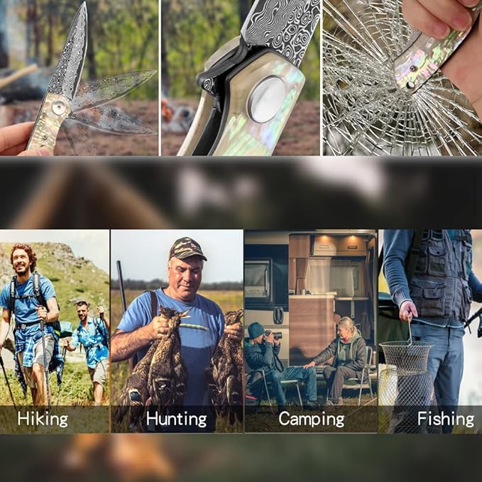Benkey Damascus Pocket Knife Extremely Sharp VG10 Core Damascus Steel Folding Knives with Clip and Leather Sheath Unique Abalone Seashells Handle Ball Bearing Liner Lock Knife for EDC Men Women