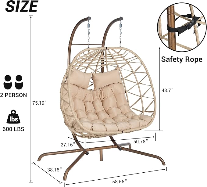 KEIKI Double Swing Egg Chair with Stand Patio Rattan Wicker Hammock Egg Chair with UV Resistant Cushion 2 Person Outdoor Indoor Hanging Basket Chair 600LBS Capacity for Balcony Garden Khaki