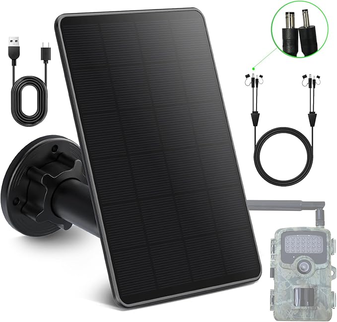 Trail Camera Solar Panel Mini Solar Battery Charger DC 12V/1A 6V/1.5A &amp USB-C Build-in 5000mAh Rechargeable Lithium Battery IP66 Waterproof Hunting Accessory 10ft Cable 6.7 Lx4.6 Wx1.25 H