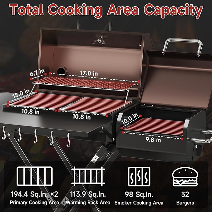 Portable Charcoal Grill with Smoking Function Foldable Suitcase Design with Wheels Multi-Tier Storage Rack &amp Waterproof Cover for Outdoor BBQ Parties (Khaki)