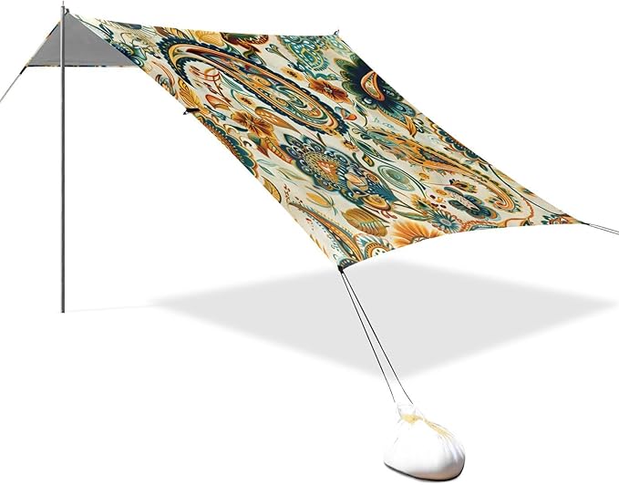 ALAZA Indian Paisley Vintage Beach Tent Sun Shelter UPF50+ Protection Beach Shade Canopy w/ 4 Sandbags for Outdoor Camping Fishing Backyard Fun Picnic 10x9 ft