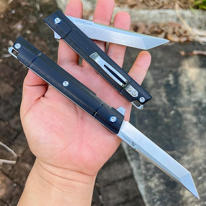 Flipper Pocket Folding Knife DC53 Steel Blade and Black G10 Handle with Pocket Clip and Glass Breaker EDC Tool Knife (Stone Wash Blade)