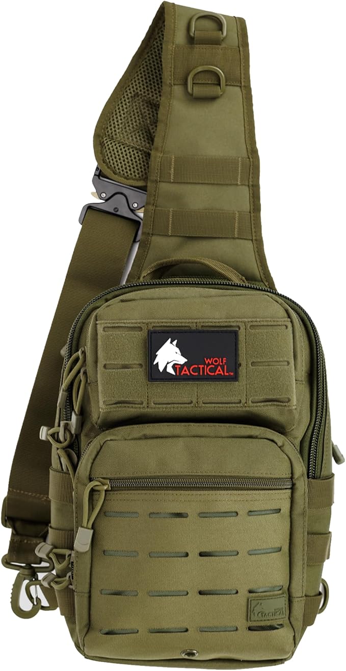 WOLF TACTICAL Men’s EDC Sling Bag - Concealed Carry Laser-Cut MOLLE Lightweight Green