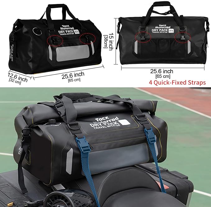Waterproof Duffel Bag for Men/Women Roll-top Dry Backpack Duffel Bag with Quick-fixed Straps Motorcycle Tail Saddle Bag for Motorcycling Rafting Boating Kayaking Travel 80L-Black