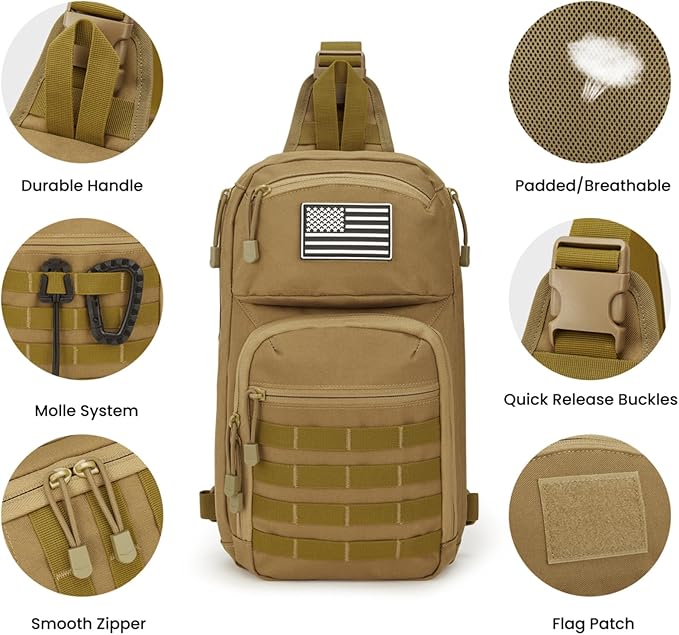 G4Free 10L Tactical EDC Sling Bag Backpack Military Molle Chest Shoulder Assault Pack for Concealed Carry(Tan)
