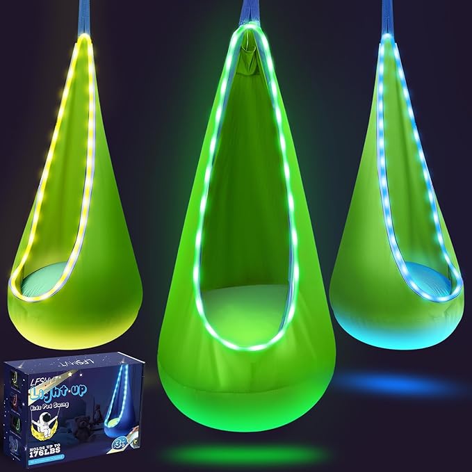Light Up Kids Pod Swing Seat Upgraded Kids Hanging Hammock Swing with LED Lights Cotton Sensory Pod Swing Chair with Inflatable Pillow Pod Swing for Kids Indoor &amp Outdoor (1 PCS) (Green)