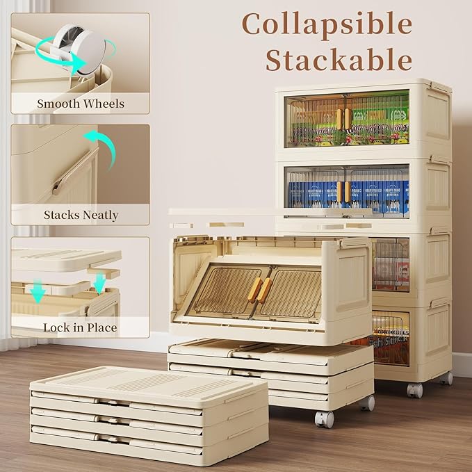 4 Tier Stackable Plastic Storage Bins with Lids 48QT Collapsible Closet Organizers and Storage with Wheels for Living RoomOfficeDorm
