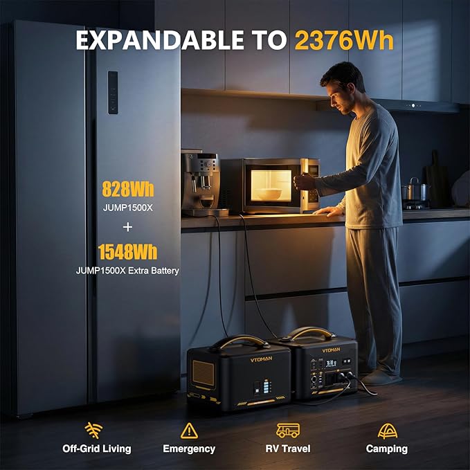 VTOMAN 2376Wh Portable Power Station Jump 1500X Solar Generator with Extra Battery 3000W Peak Durable LiFePO4 (LFP) Battery Station with 1500W AC Outlets PD 100W for Home Backup &amp RV/Van Campin