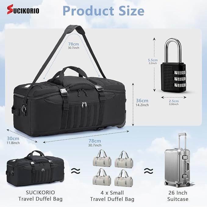 Tactical Travel Duffle Bag with Wheels and Handle 3 in 1 Large 85L XL Rolling Travelling Backpack Waterproof Oxford Carry On Hand Luggage Deployment Bags with Combination Padlock Grey