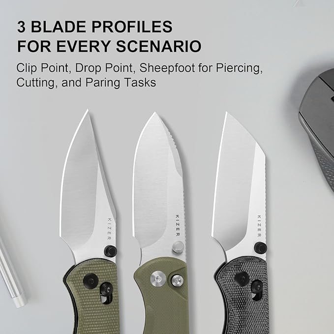 Kizer Drop Bear 2 Pocket Knife 2.92 AEB-L Drop Point Blade Folding Knife with Olive Green G10 Handle Button Liner Lock EDC Knives with Jimping on Spine for Men Women V3619.2CD2