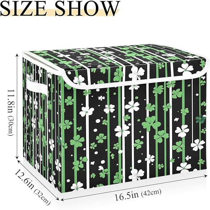 Christmas Storage Baskets with Lids Shamrock Stripes Collapsible Bins Stackable Fabric Linen Baskets Closet Organizer Container 16.5x12.6x11.8