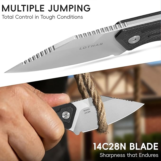 LOTHAR BEAVER EDC Fixed Blade Knife Small Survival Knife with 2.2 14C28N Steel Blade &amp Kydex Sheath Adjustable Horizontal Vertical Carry for Camping Hiking Hunting Everyday Carry