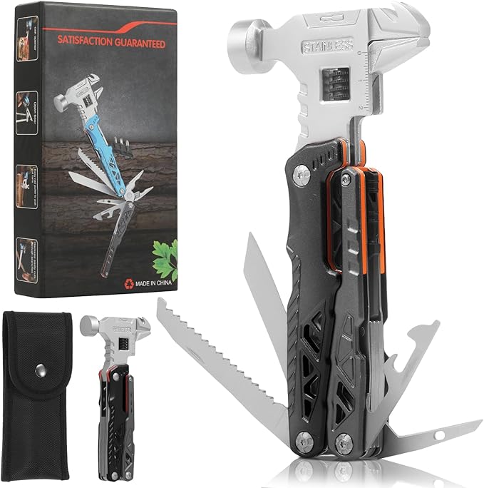18-in-1 Multipurpose Tool Kit Survival Camping Gear &amp Fishing Gifts Multitool with Hammer Pliers Screwdriver and Pocket Knife for Dad Men(Black)