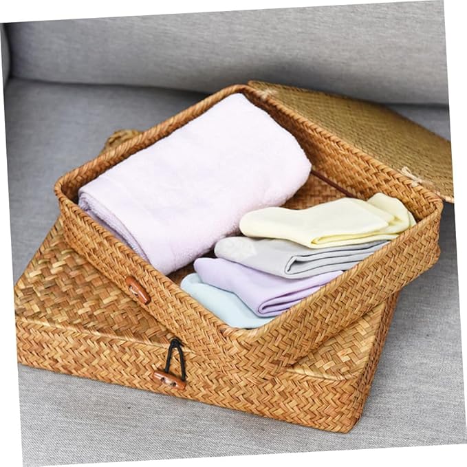 Cabilock 2pcs Woven Seagrass Storage Baskets Lid Decorative Organizers for Snacks and Household Items Natural Home Rustic Style Storage