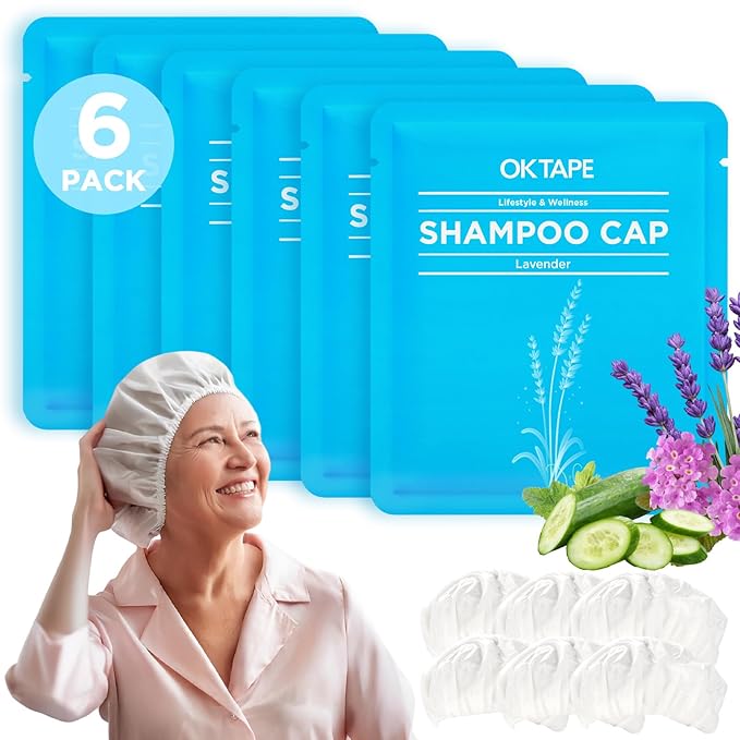 OK TAPE No Water Shampoo Caps (6 Pack) 3 Scents Rinse Free Shower Cap for Elderly After Surgery Camping Shampoo and Conditioner Hair Wash Cap (Lavender Verbena and Cucumber Scents)