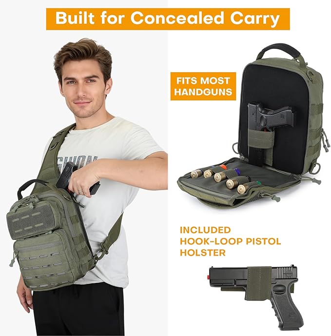 HUNTVP Sling Bag for Men Concealed Carry Bag Tactical Sling Bag Crossbody Molle CCW Chest Pack Backpack EDC Military Shoulder Bag with Holster &amp Accessory Slots Army Green