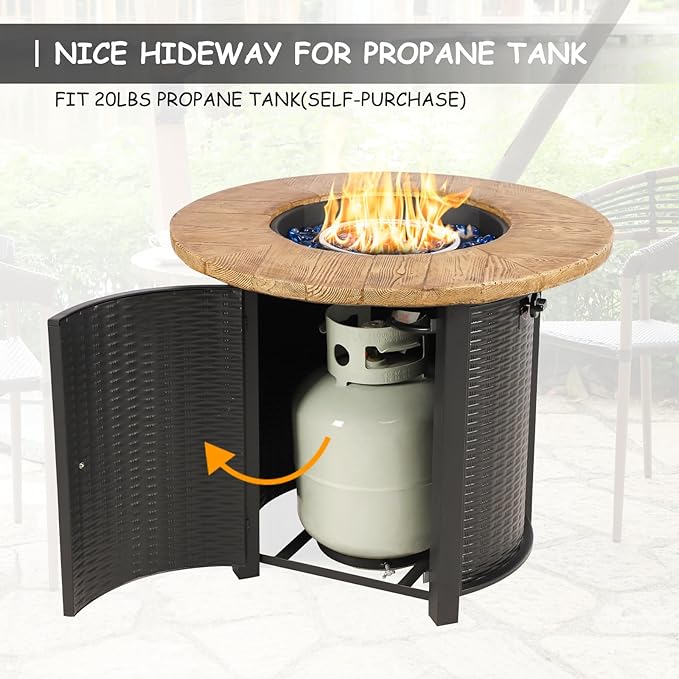 30 Inch Round Propane Fire Pit Table50000 BTU Iron Gas Fire Pit with LidIgnition Systemsw/Glass Stones and Rain CoverOutdoor Firepit Table for Patio &amp Deck