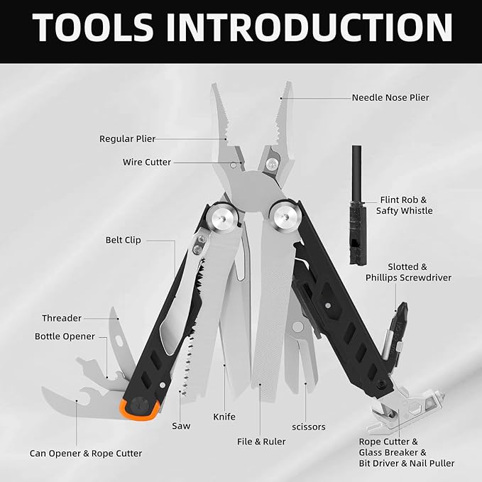 HANSHI Multitool Pliers 22-in-1 YG10 Tungsten Steel Multi Tool with ScissorsReplaceable Wire Cutters Flint Window Breaker Back ClipIdeal for Camping Survival and Gift(Black)