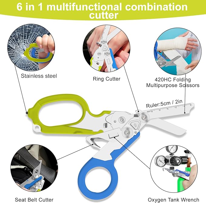 Lemasa6 in 1 Multifunctional Combination Tool Folding Retractable Emergency Shears Outdoor Camping Tools Seat Belt Cutter Oxygen Cylinder Wrench Complimentary Adjustable Wrench (blue-green)