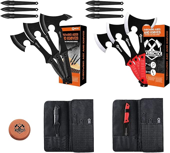 ANTARCTICA Throwing Axe Knife Set (Black) and ANTARCTICA Throwing Axes and Throwing Knives with Whetstone Set (Red) Bundle