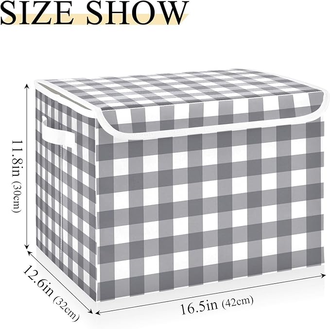 Collapsible Storage Bins with Lids Decorative Fabric Storage Cubes Closet Organizer and Storage Basket Boxes Containers for Clothes Box Chest Nursery Folding Rectangle Black Grey Checkered
