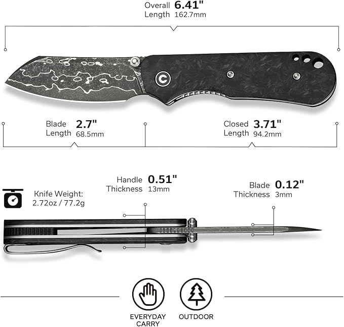CIVIVI Crabby Pocket Knife EDC Folding Knife for Men Women with Damascus Blade Contoured Shredded Carbon Fiber Handle Designed by Ken Onion Jr. C24055-DS1
