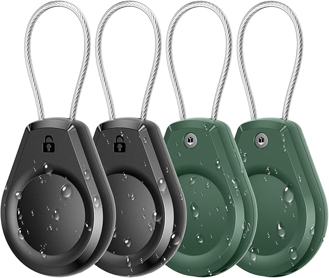 Waterproof AirTag Keychain Holder - (4 Pack) Air tag Lock Case with Wire Cable Compatible with Apple AirTags Ultra Durable Anti-Lost Protective Case for Luggage Key Backpack Black/Green