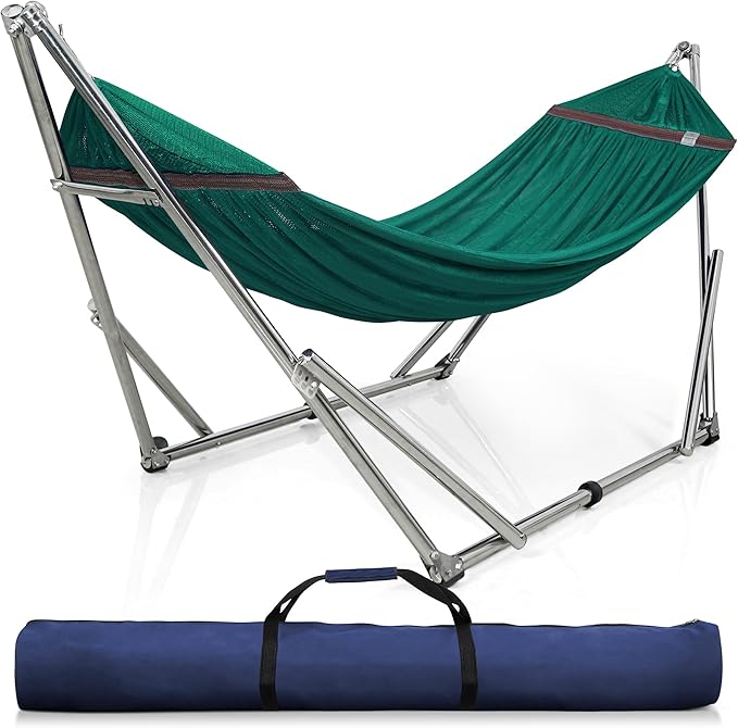 Tranquillo Adjustable Collapsible Hammock with Stand – Picnic Hammock Stand and 2 Layered Polyester Hammock Net for 2 Persons with Carry Bag Peacock