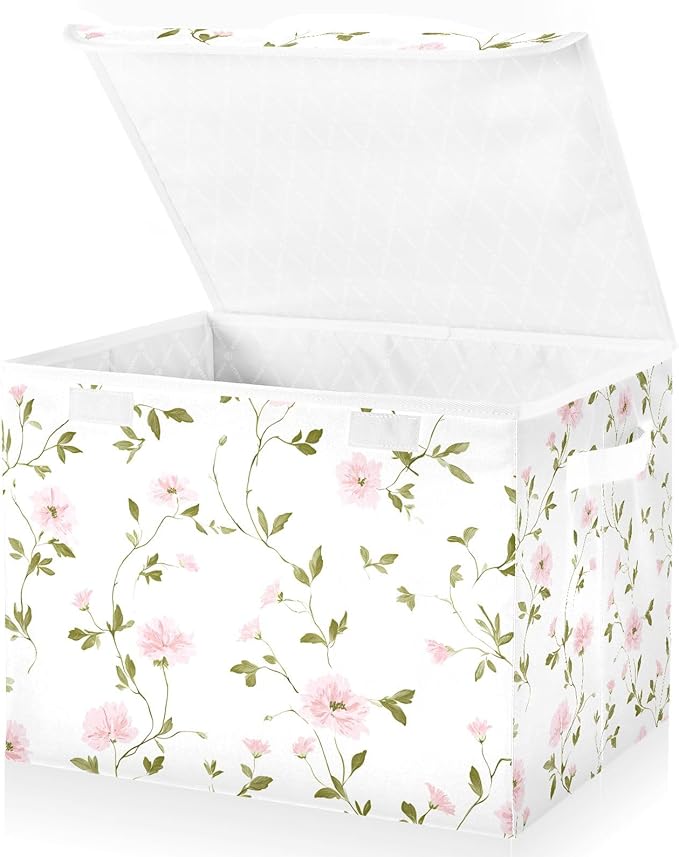 ALAZA Shabby Chic Pink Floral Vine Storage Bins Organizer Box Baskets Lidded Clothes for Shelves Closet Collapsible Stackable Storage Cubes Handles