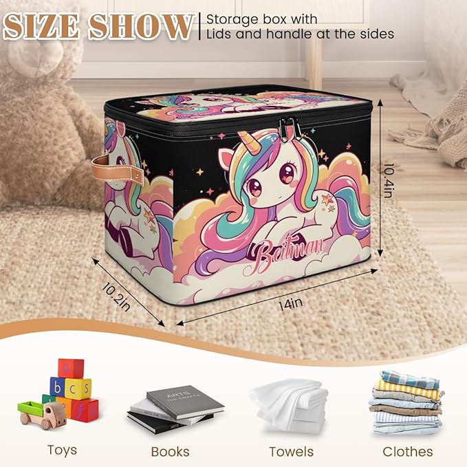 Storage-Bins with Lids Handle Customized Stackable-Storage-Bin for Kids-Boys-Girls-Toys Cube Collapsibl Basket Unicorn Black