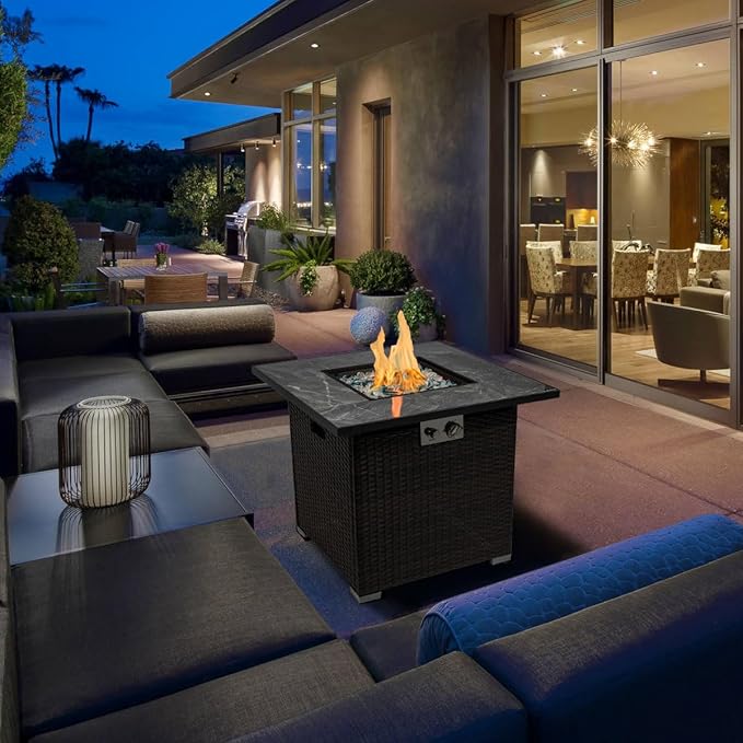 30'' Propane Fire Pit Table Marble Textured Ceramic Tabletop 50000 BTU Fire Table with Brown Wicker Mix Color Glass Rocks Including Lid&ampCover Square