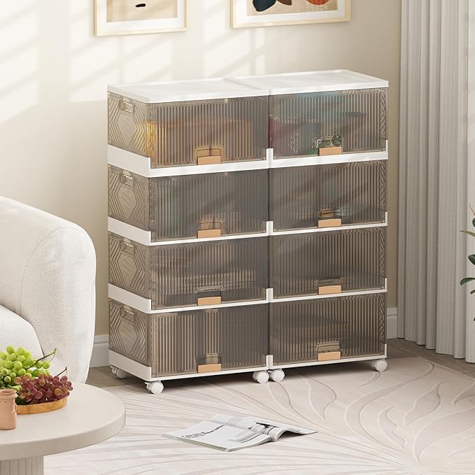 Giantex 4 Tier Stackable Storage Bins with Lids 18 GalFoldable Shoe Storage Box with Detachable Wheels &amp Flip-Up Doors Collapsible Closet Organizers and Storage Bins