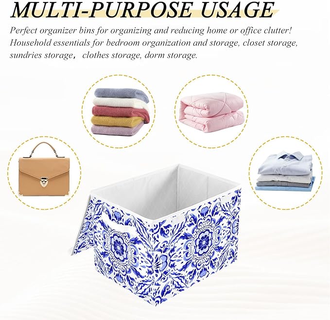 Blue Ornamental Pattern Lidded Storage Bins with Handles - 16.5x12.6x11.8 Foldable Organizing Box Oxford Fabric &amp Honeycomb Board Dust-Proof Flip Lid for Closet/Office