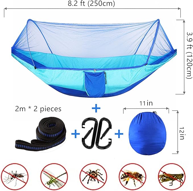 LFL Camping Hammock with Mosquito Net Hammocks with 13ft Tree Straps Carabiners Automatic Quick Open Outdoor Portable Hammock Nylon Parachute Material Outside Hammock with net Blue