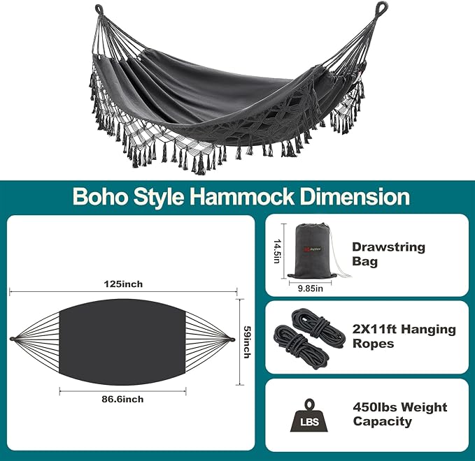 JoyView Boho Macrame Double Hammock with Hanging Ropes &amp Elegant Tassels 86.6x59 Portable Cotton Hammock for Patio Backyard Porch 450LBS Weight Capacity Perfect for Outdoor/Indoor - Dark Grey