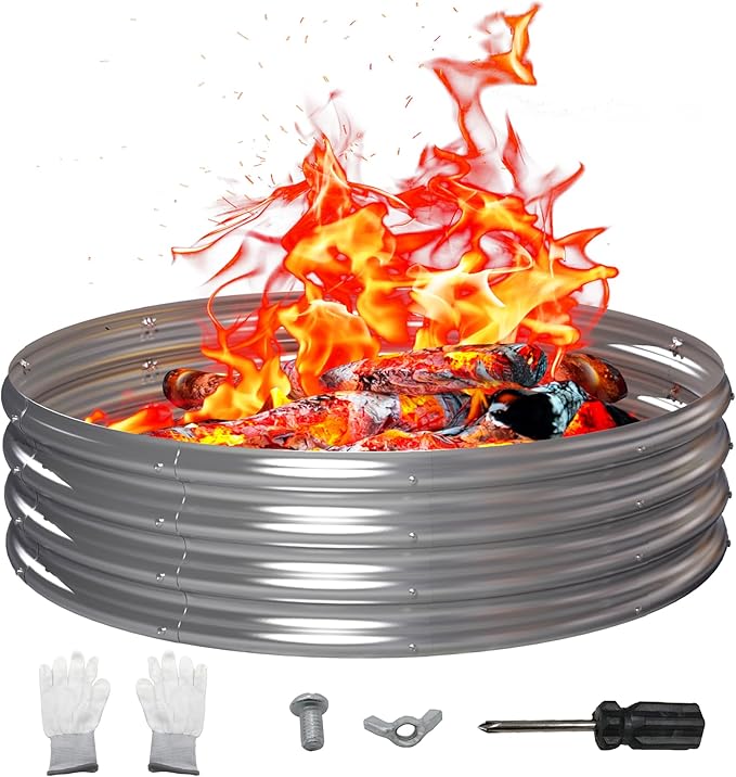 48 Inch Outdoor Fire Pit Ring Round Galvanized Portable Fire Pit for Camping Metal Steel Bonfire Fire Ring for Outside Backyard