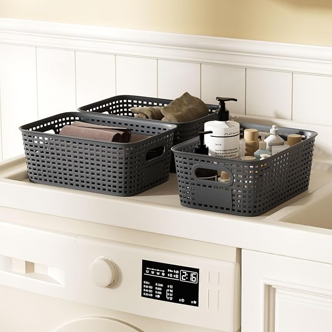 6Pcs Storage Bins with Lids Stackable Plastic Storage Basket with Bamboo Lid Pantry Organizer Box Small Containers for Organizing Shelves Drawer Desktop Closet Cabinet Office Classroom 10x7.1x4.1in