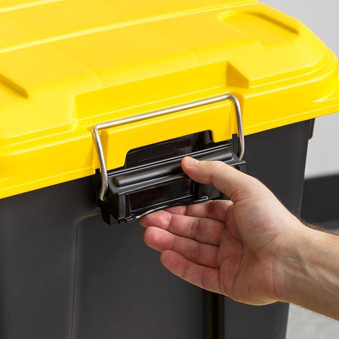 IRIS USA WeatherPro 21 Gallon Lockable Storage Bins with Lids 4 Pack - Made in USA Heavy Duty Stackable Containers Garage Organizing Tubs Rugged Sturdy Equipment Utility Box - Black/Yellow