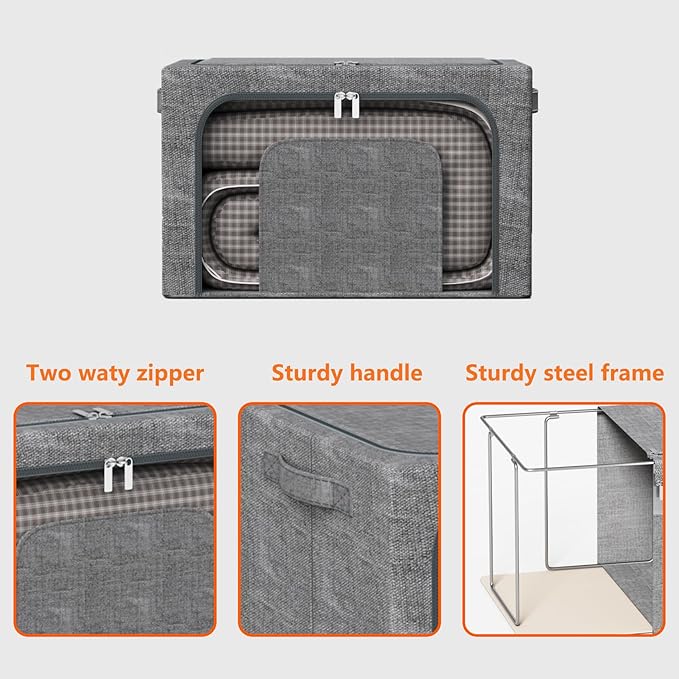 64L Large Stackable Storage Bins with Metal Frame (4 Pack) Foldable Fabric Clothes Organizer with 2 Clear Windows &amp Reinforced Handles Dual-Opening Storage Containers for Closet Underbed Grey