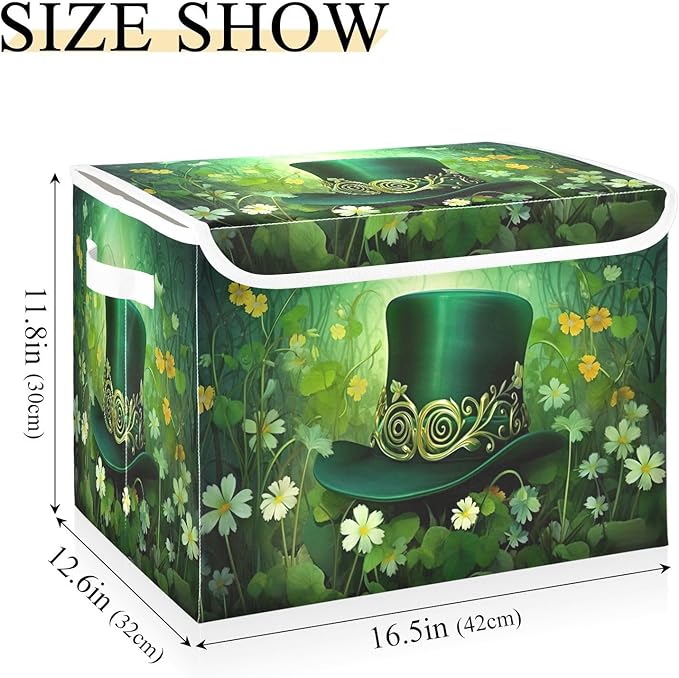 Christmas Storage Baskets with Lids Green Hat and Flowers Collapsible Bins Stackable Fabric Linen Baskets Closet Organizer Container 16.5x12.6x11.8