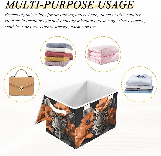 Storage Cube with Lid Floral with Leopard Print 16.5×12.6×11.8 IN Collapsible Large Capacity Foldable Storage Basket Bin Organizer