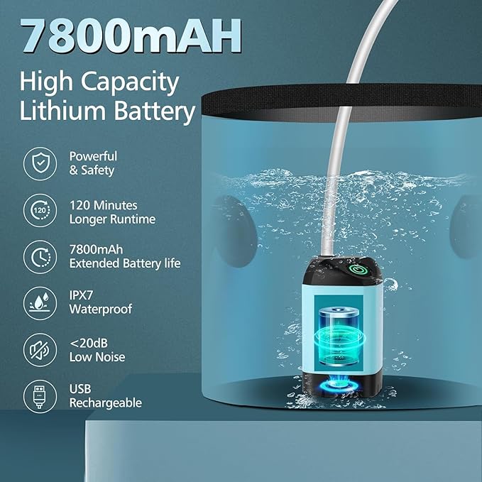 Portable Camping Shower 7800mAh Rechargeable Camp Shower Pump with LED Display 2 Mode Electric Portable Shower for Camping Hiking Travelling Washing