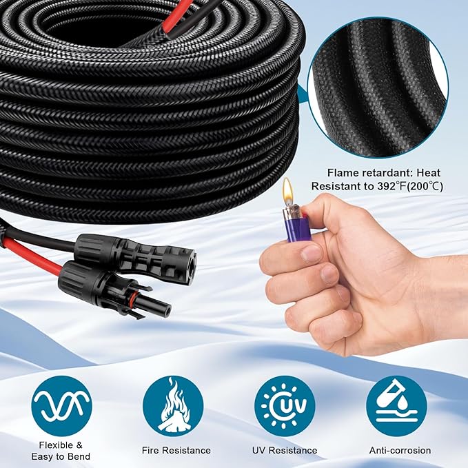 Solar Panel Extension Cable - 8AWG 30FT Solar Wire with Female &amp Male Waterproof Connector Flame Retardant Protective Sleeving PV Wire for RV Photovoltaic Systems Home Boat Solar Panels Car