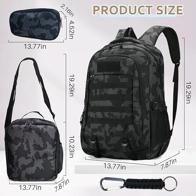 Camo Backpack for Boys 3 in 1 Set 19 Inch 55L Tactical Bookbag with Lunch Box Pencil Case Molle School Backpack for Kids Teens Daily School Commute Outdoor Camping for Elementary Middle High School