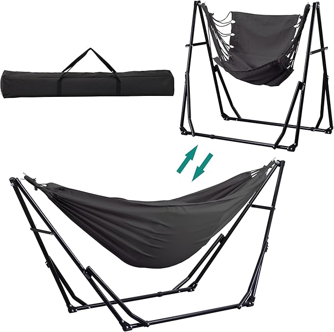 Ainfox Hammock with Foldable Stand 2 in 1 Hammock and Swinging Chair with Carrying Bag Portable Camping Chair Suitable for Outside SwingPatioGardenCamping Trip Grey