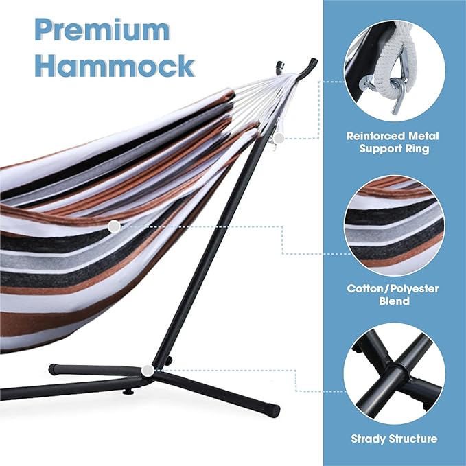 550lbs Capacity Double Hammock Adjustable Hammock Bed with 10ft Heavy Duty Steel Stand Includes Portable Carrying Case Easy Set up