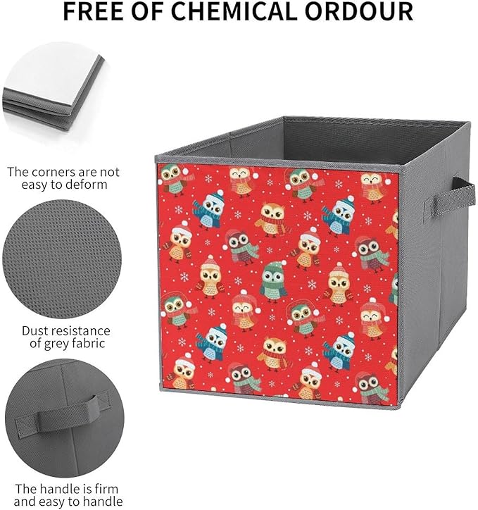 Collapsible Storage Bins with Handles Christmas Owl Red Large Capacity Foldable Cube Box for Blankets Comforters Pillows Perfect for Linen Closet Storage