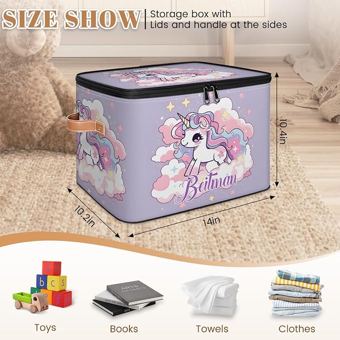 Storage-Bins with Lids Handle Customized Stackable-Storage-Bin for Kids-Boys-Girls-Toys Cube Collapsibl Basket Purple Unicorn